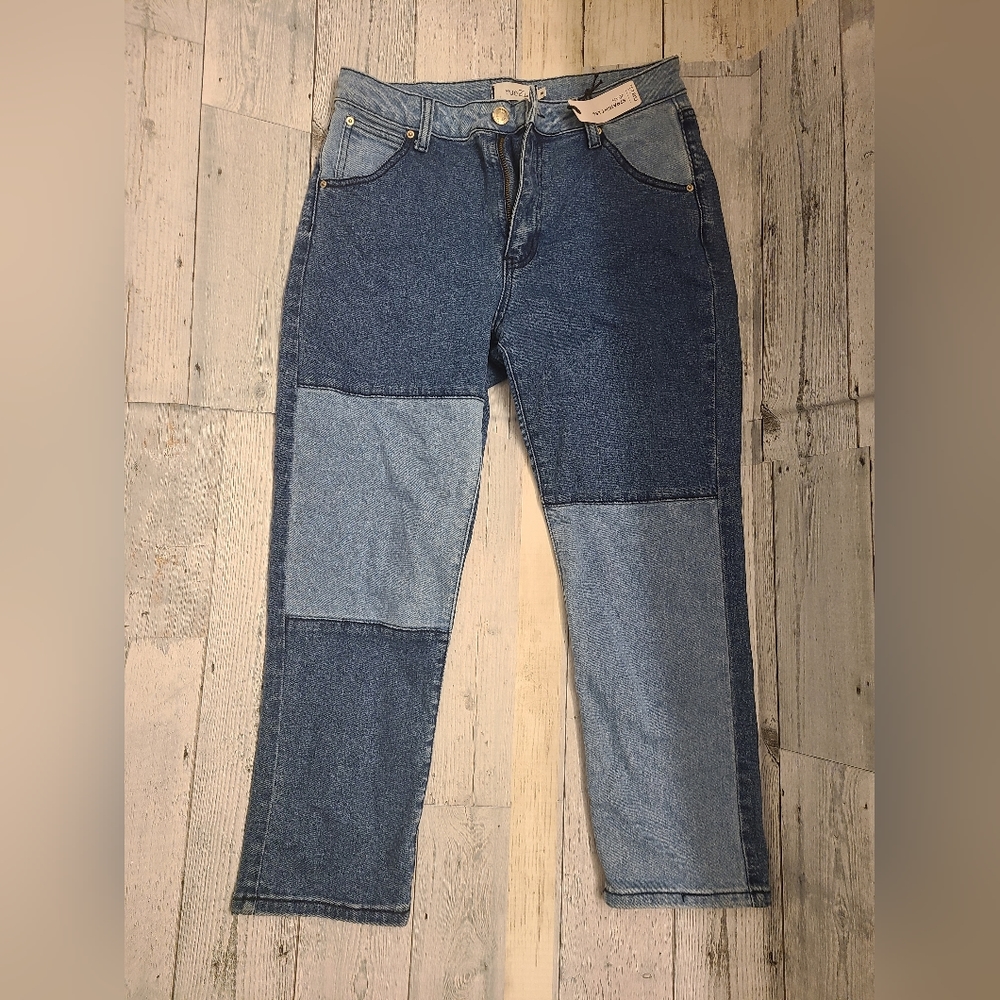 Rue21 Women's Patchwork Straight Leg Jeans Blue Denim Size 10 High Rise Two-Tone